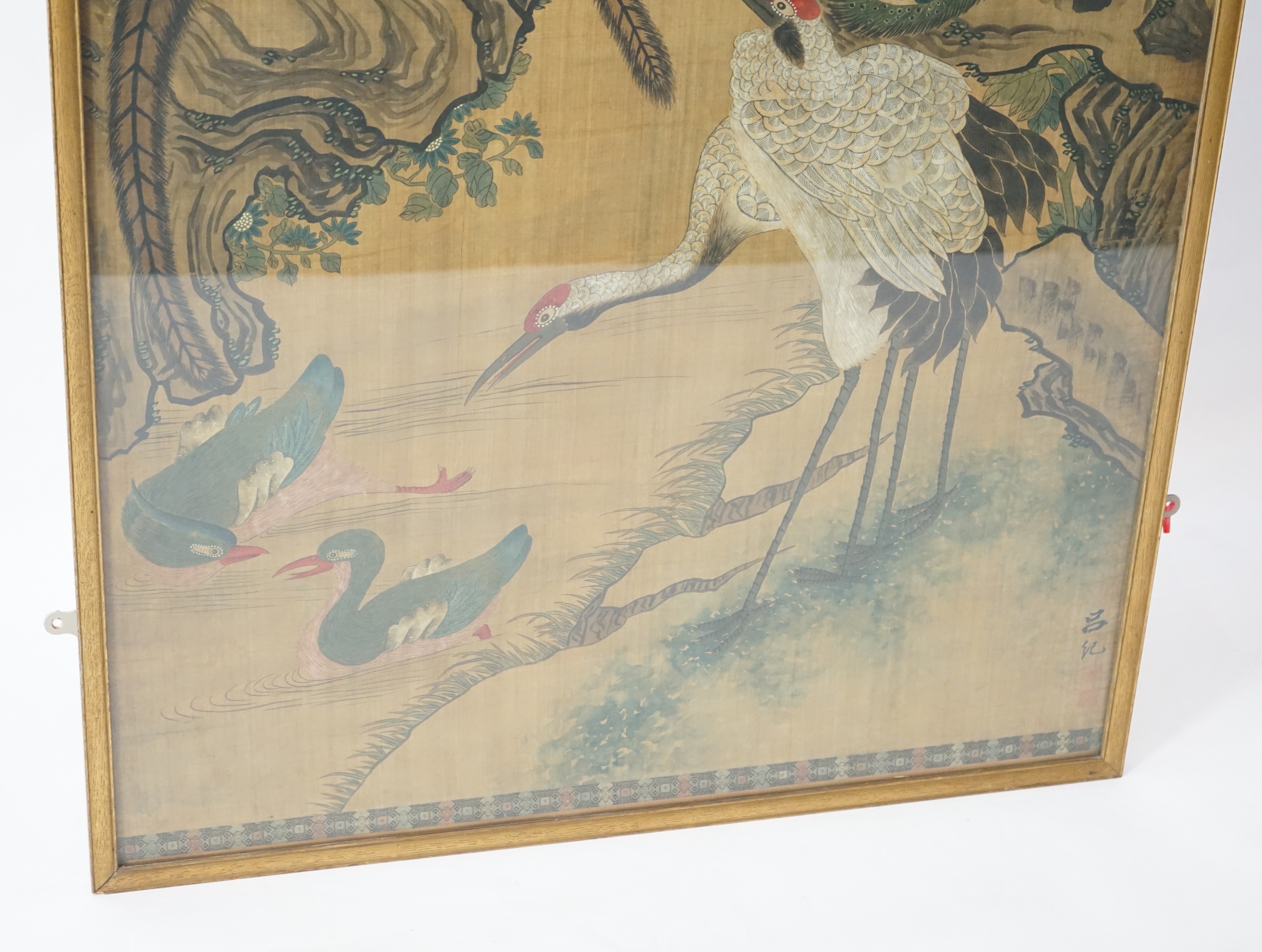 A large Chinese painting on silk of birds, late 19th/early 20th century, signed Lu Ji